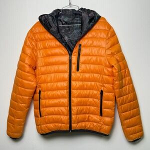 Replay Orange Puffer Jacket Black Geometric Reversible Hooded Full Zip Women L